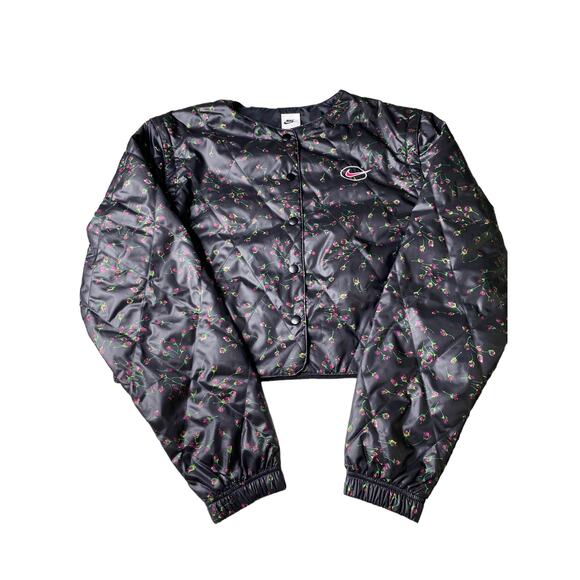 Nike women’s Quilted Cropped Button up Coat/Vest sz Lg Blk w/ pink roses NWT - Picture 1 of 14